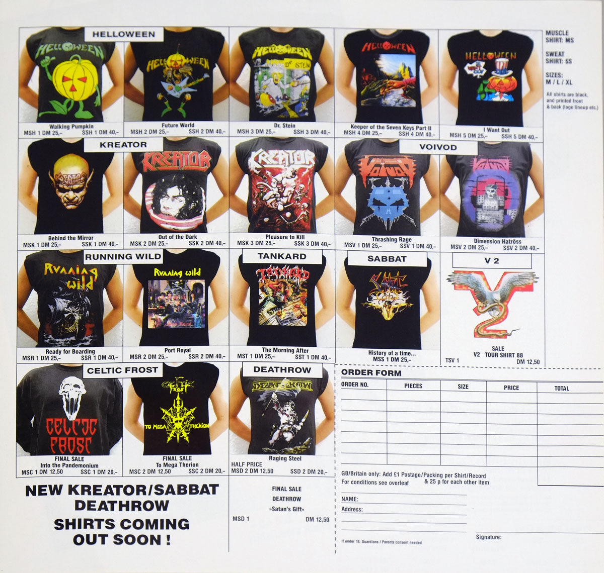 T-Shirts of Helloween, Kreator, Voivod , Running Wild Merchandise on the custom inner sleeve  